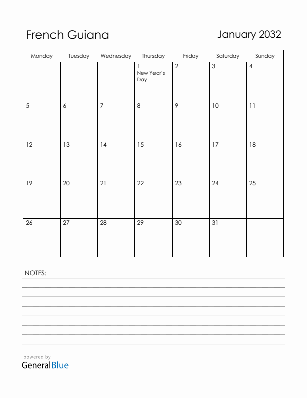 January 2032 French Guiana Calendar with Holidays (Monday Start)