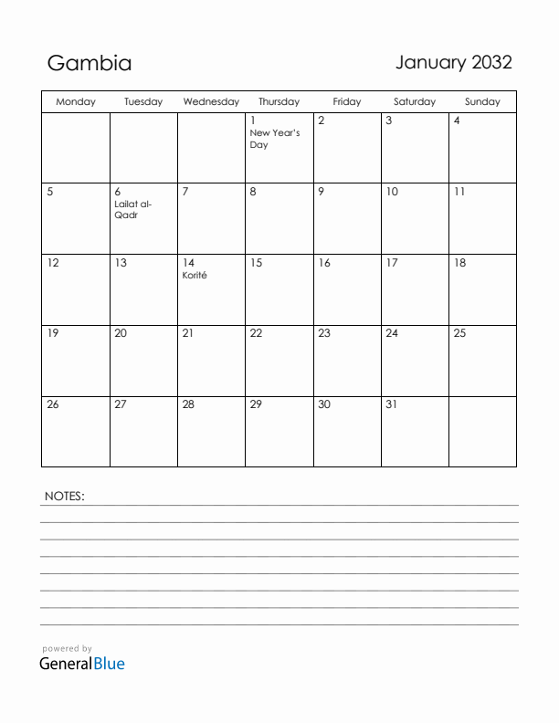 January 2032 Gambia Calendar with Holidays (Monday Start)