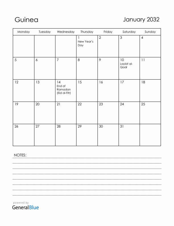 January 2032 Guinea Calendar with Holidays (Monday Start)