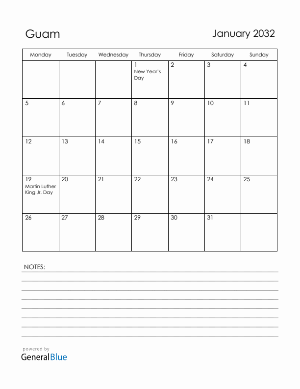 January 2032 Guam Calendar with Holidays (Monday Start)