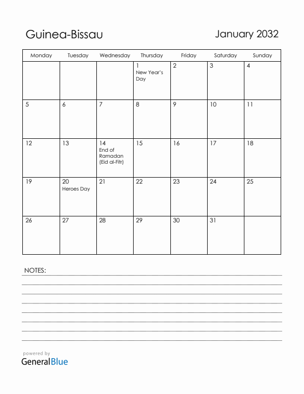 January 2032 Guinea-Bissau Calendar with Holidays (Monday Start)