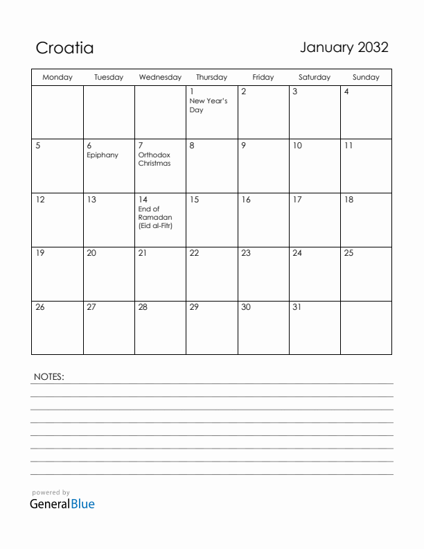 January 2032 Croatia Calendar with Holidays (Monday Start)