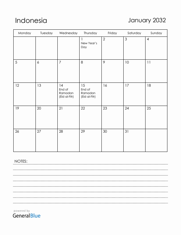 January 2032 Indonesia Calendar with Holidays (Monday Start)