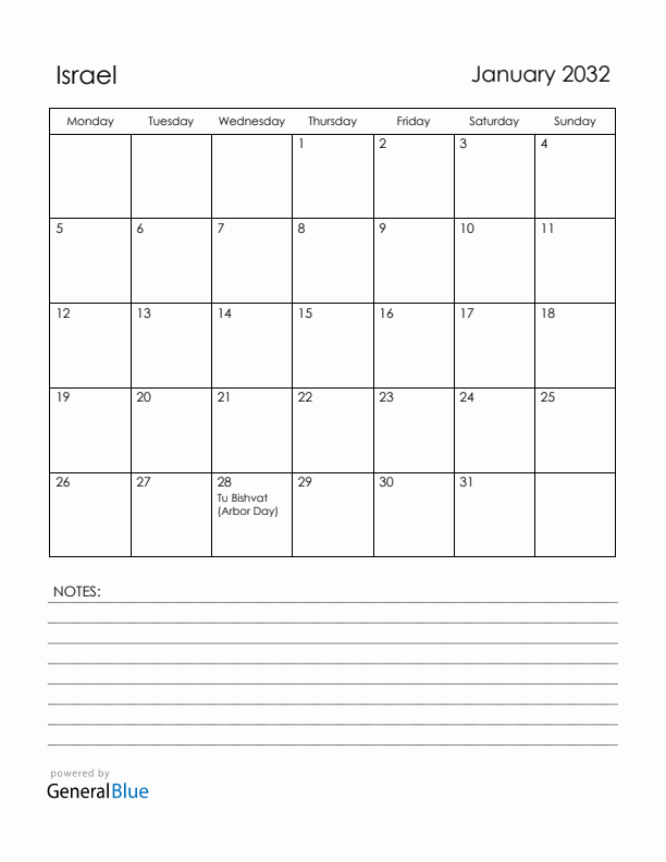 January 2032 Israel Calendar with Holidays (Monday Start)