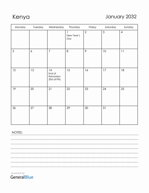 January 2032 Kenya Calendar with Holidays (Monday Start)