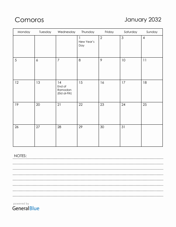 January 2032 Comoros Calendar with Holidays (Monday Start)