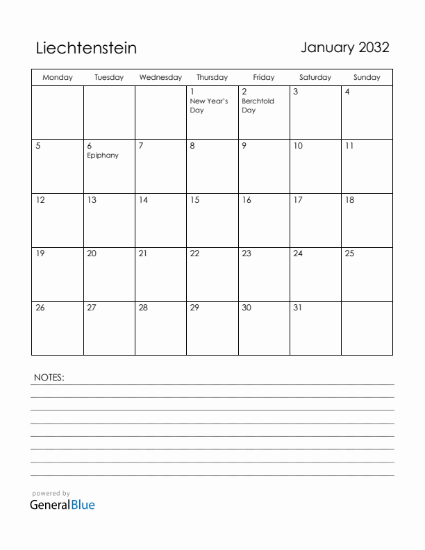 January 2032 Liechtenstein Calendar with Holidays (Monday Start)