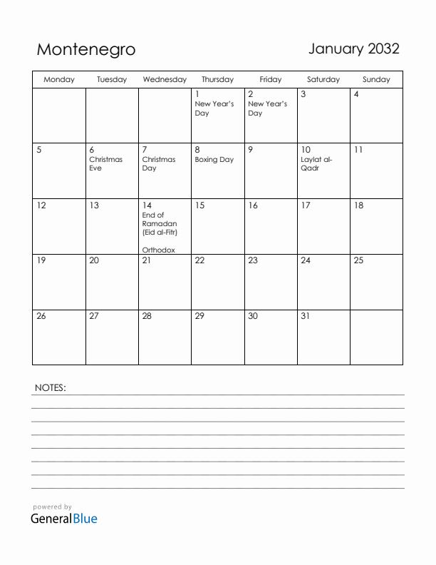 January 2032 Montenegro Calendar with Holidays (Monday Start)