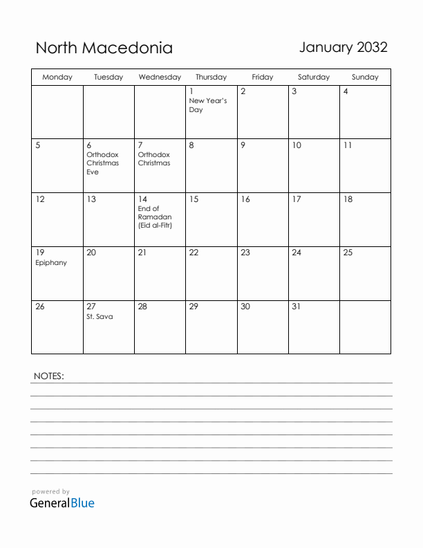 January 2032 North Macedonia Calendar with Holidays (Monday Start)