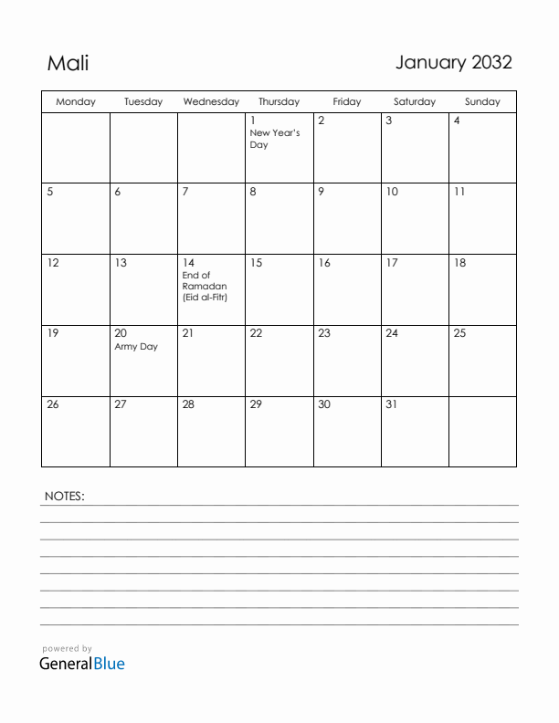 January 2032 Mali Calendar with Holidays (Monday Start)