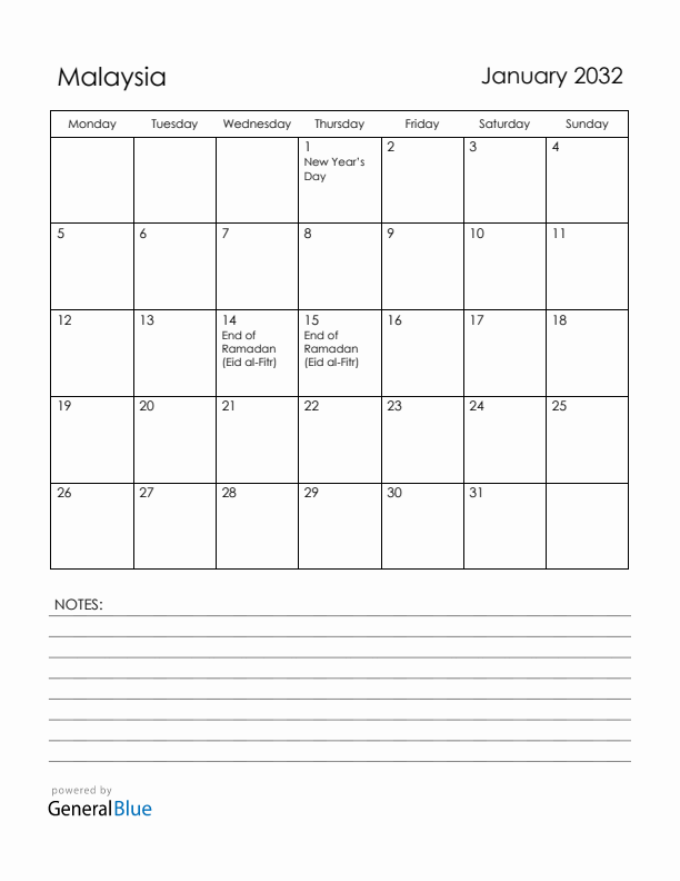 January 2032 Malaysia Calendar with Holidays (Monday Start)