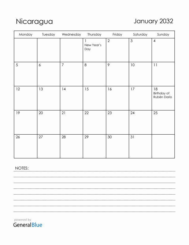 January 2032 Nicaragua Calendar with Holidays (Monday Start)