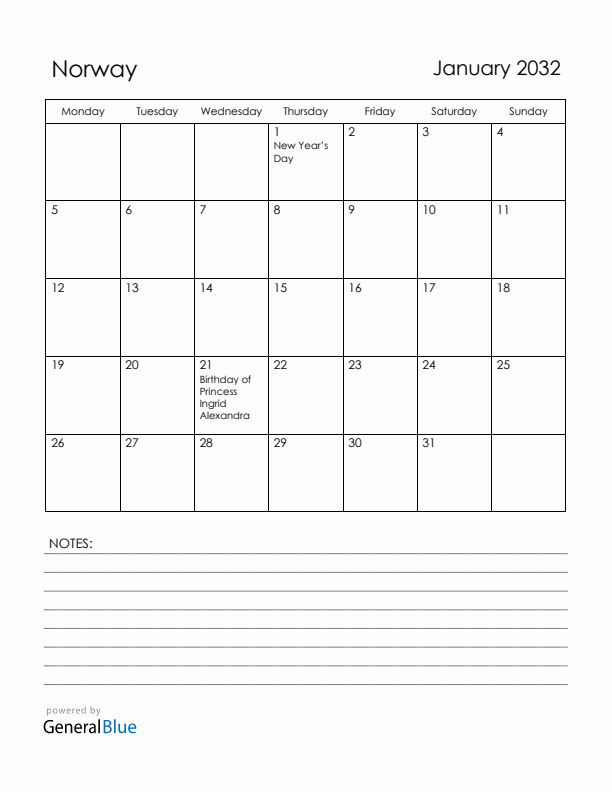 January 2032 Norway Calendar with Holidays (Monday Start)