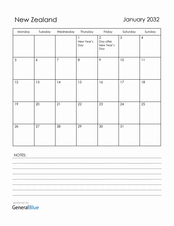 January 2032 New Zealand Calendar with Holidays (Monday Start)