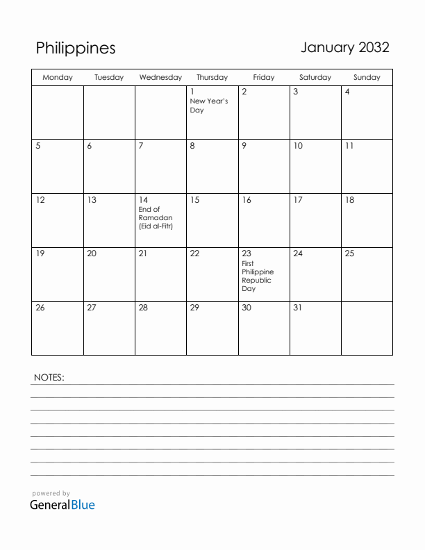 January 2032 Philippines Calendar with Holidays (Monday Start)