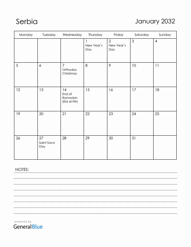 January 2032 Serbia Calendar with Holidays (Monday Start)