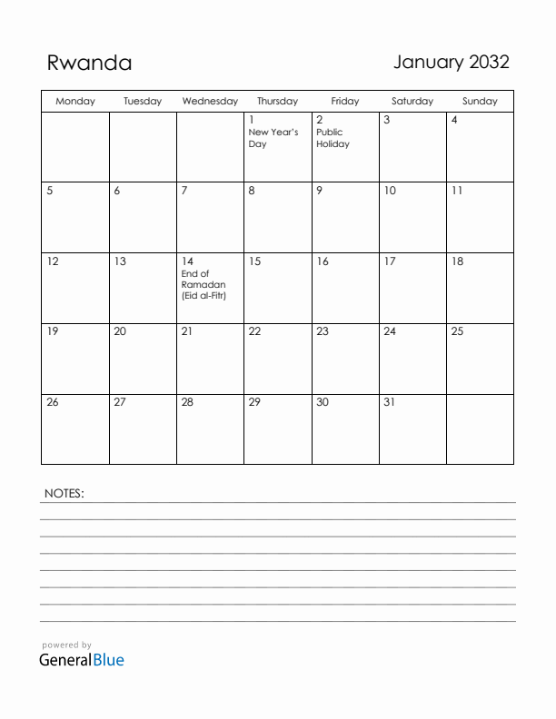 January 2032 Rwanda Calendar with Holidays (Monday Start)