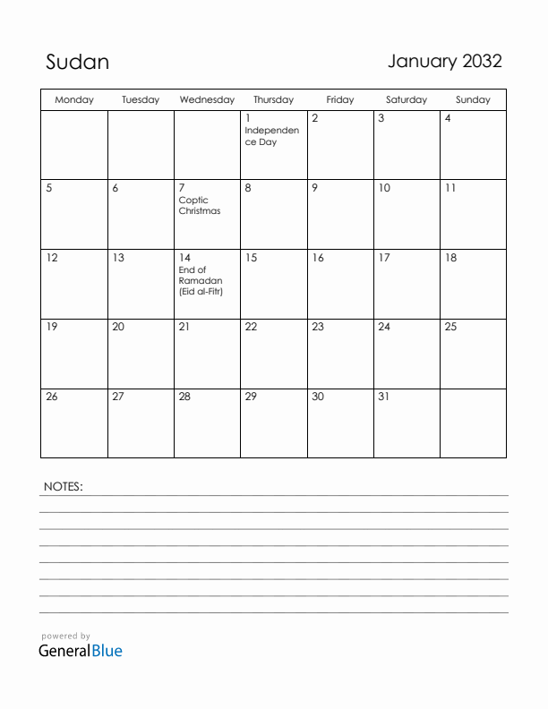 January 2032 Sudan Calendar with Holidays (Monday Start)