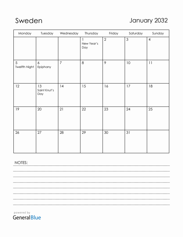 January 2032 Sweden Calendar with Holidays (Monday Start)
