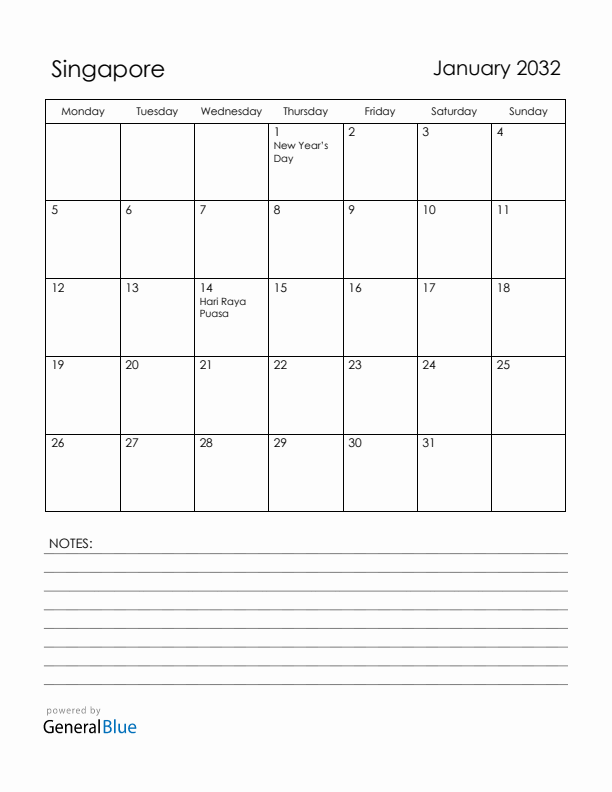 January 2032 Singapore Calendar with Holidays (Monday Start)