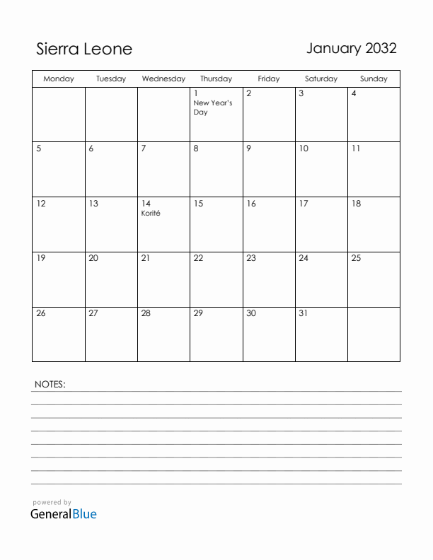 January 2032 Sierra Leone Calendar with Holidays (Monday Start)