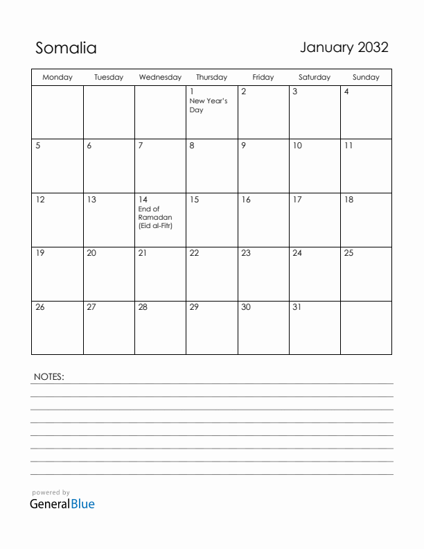 January 2032 Somalia Calendar with Holidays (Monday Start)