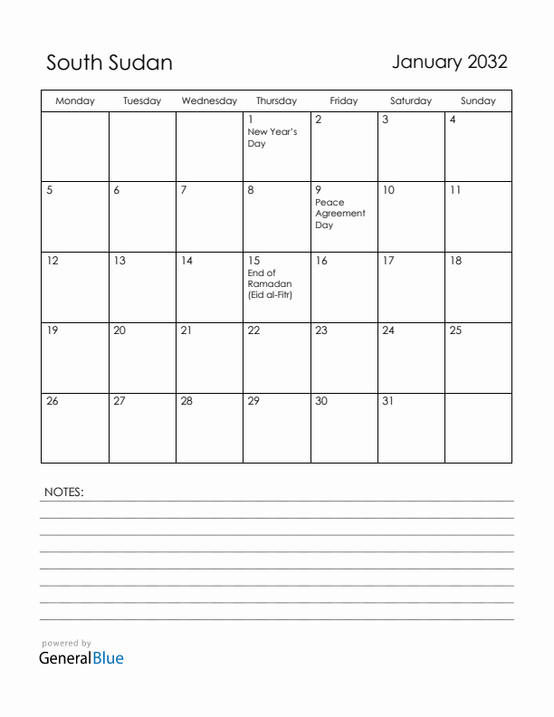 January 2032 South Sudan Calendar with Holidays (Monday Start)