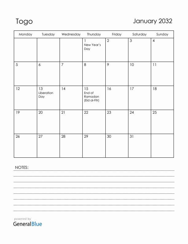 January 2032 Togo Calendar with Holidays (Monday Start)