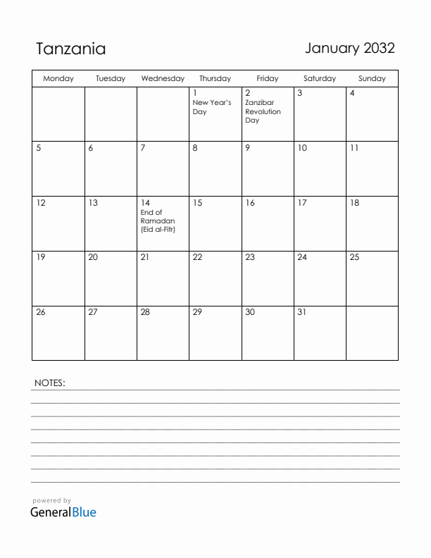 January 2032 Tanzania Calendar with Holidays (Monday Start)