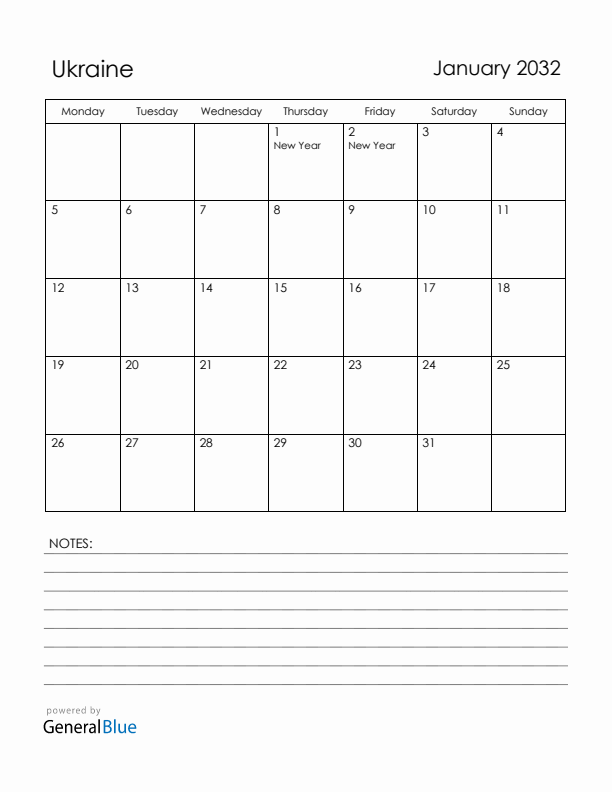 January 2032 Ukraine Calendar with Holidays (Monday Start)