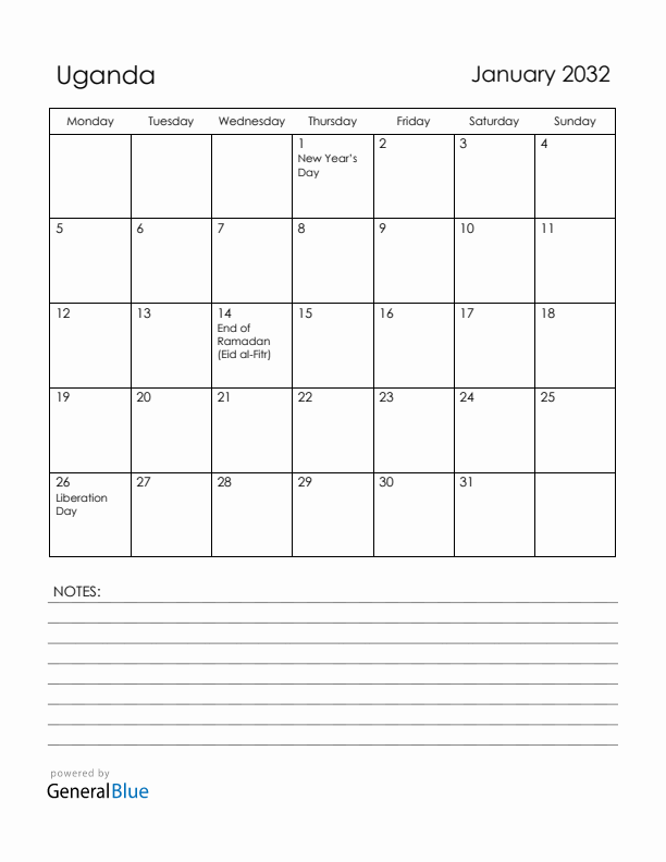 January 2032 Uganda Calendar with Holidays (Monday Start)