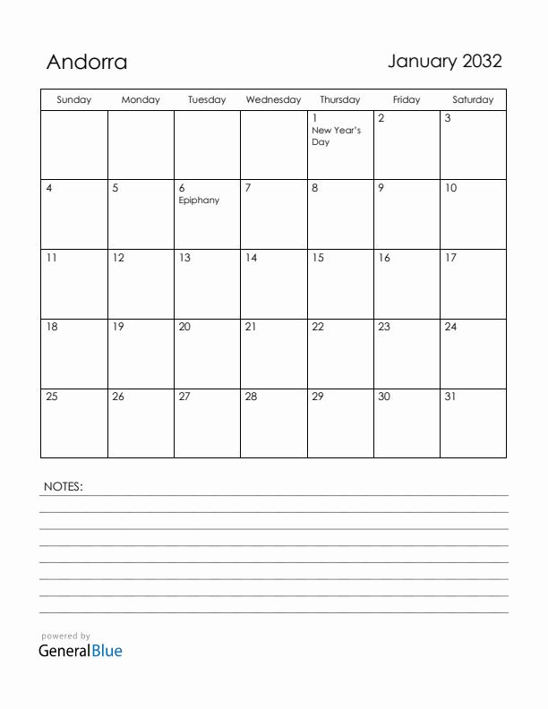 January 2032 Andorra Calendar with Holidays (Sunday Start)