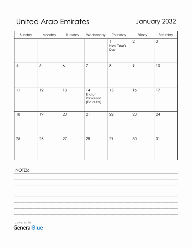 January 2032 United Arab Emirates Calendar with Holidays (Sunday Start)