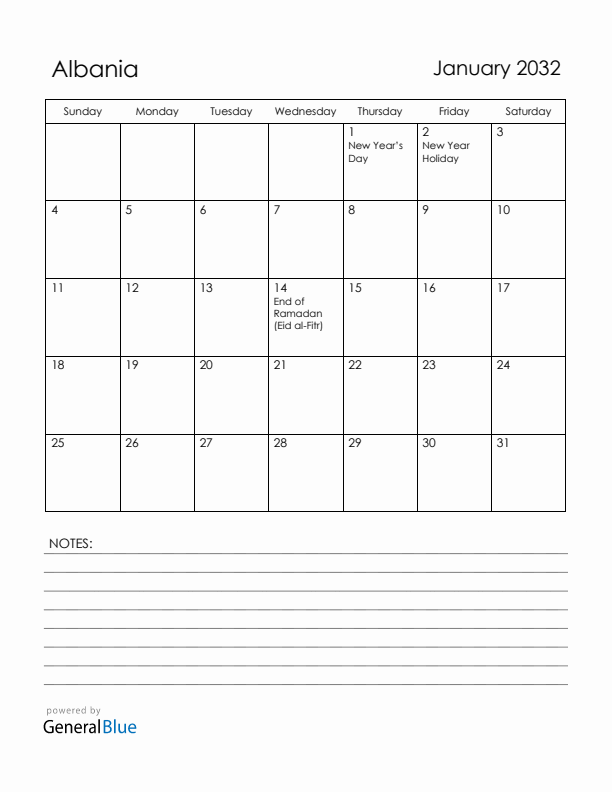 January 2032 Albania Calendar with Holidays (Sunday Start)