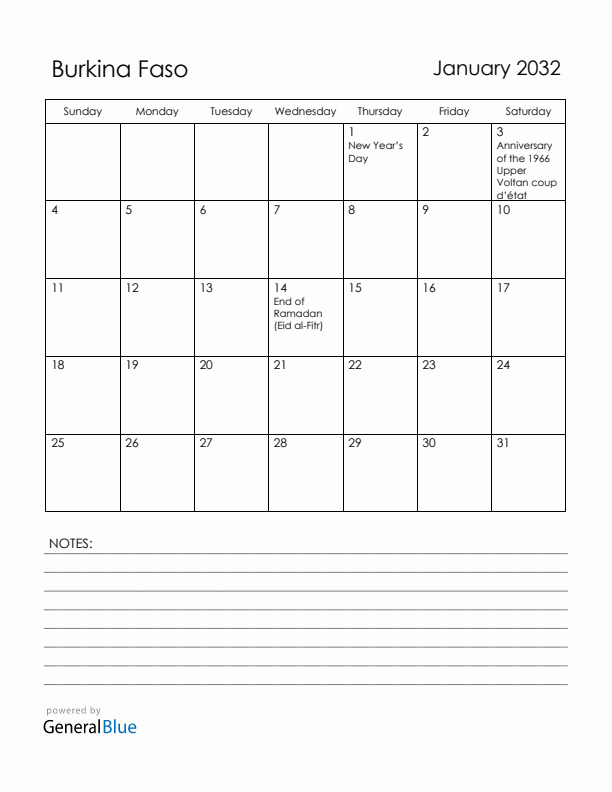 January 2032 Burkina Faso Calendar with Holidays (Sunday Start)