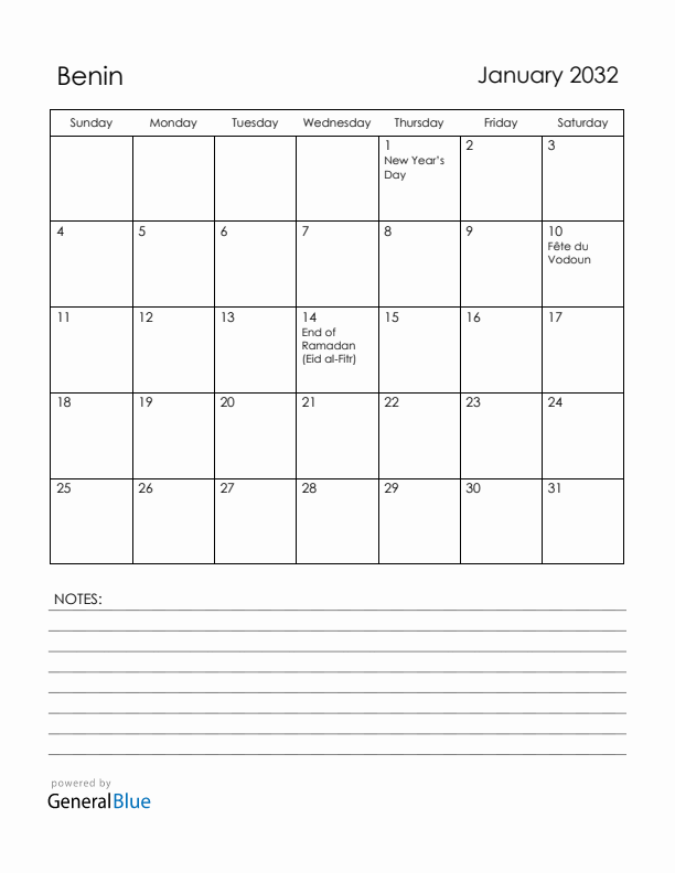 January 2032 Benin Calendar with Holidays (Sunday Start)