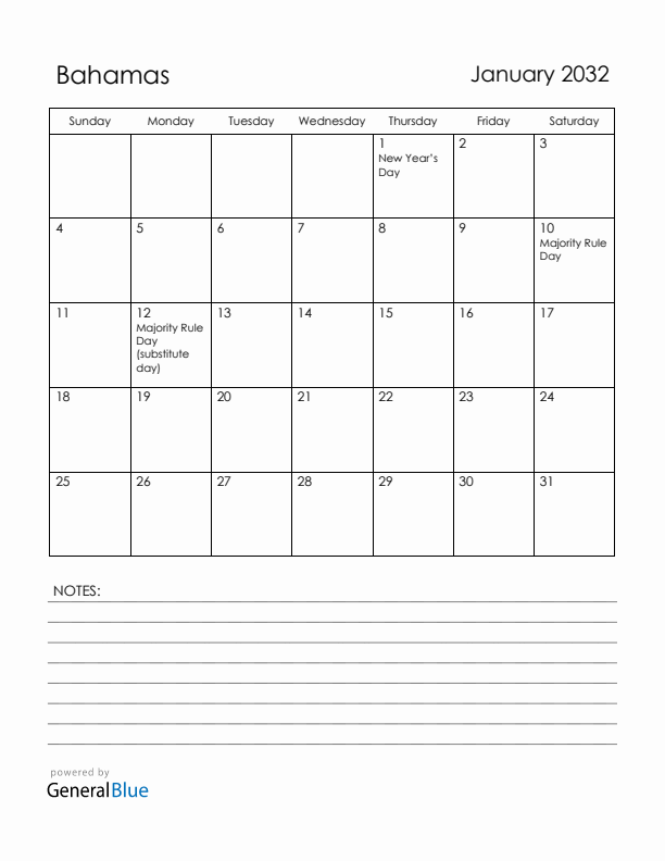 January 2032 Bahamas Calendar with Holidays (Sunday Start)
