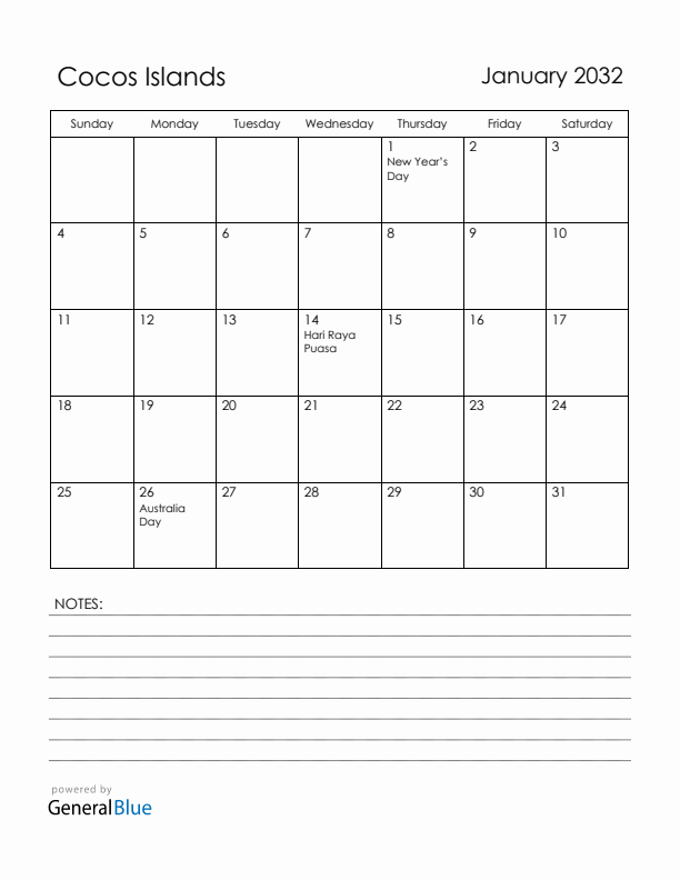 January 2032 Cocos Islands Calendar with Holidays (Sunday Start)