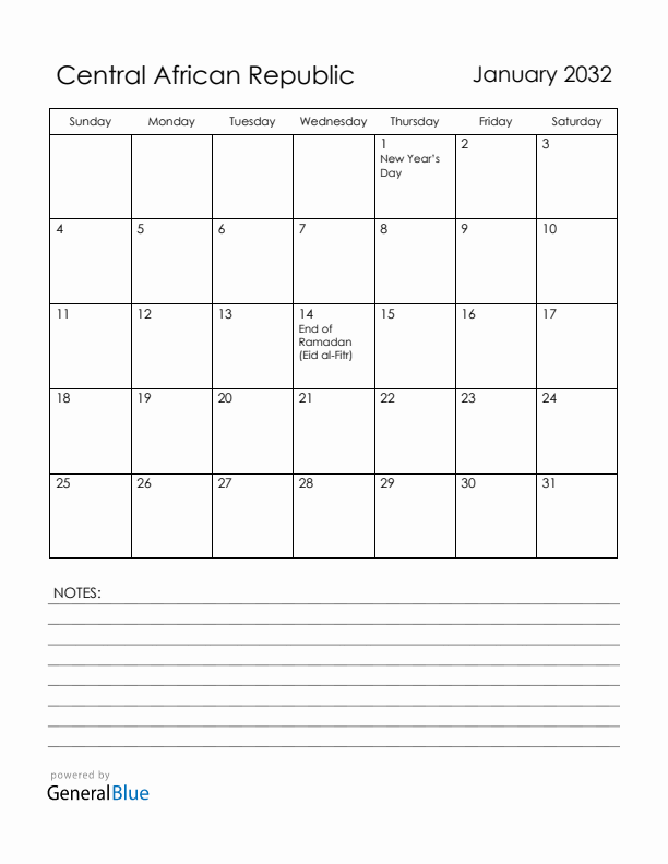 January 2032 Central African Republic Calendar with Holidays (Sunday Start)