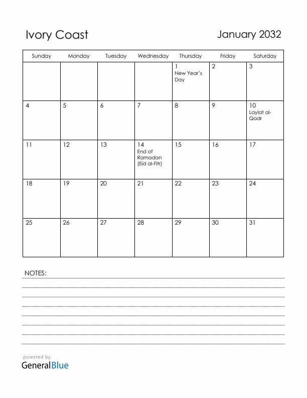 January 2032 Ivory Coast Calendar with Holidays (Sunday Start)