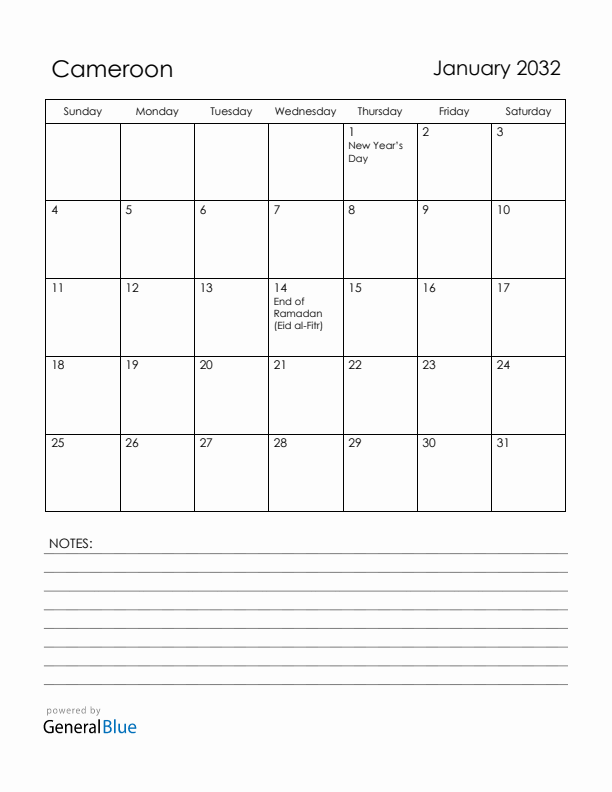 January 2032 Cameroon Calendar with Holidays (Sunday Start)