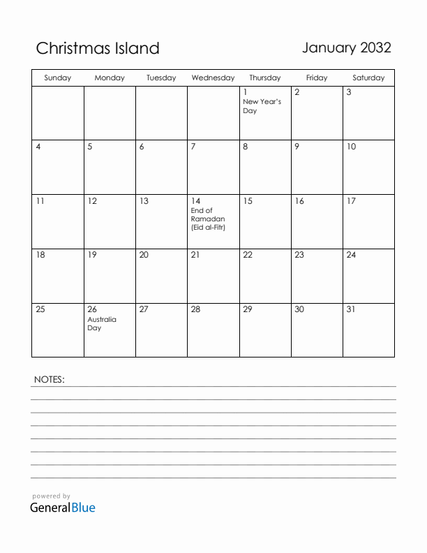 January 2032 Christmas Island Calendar with Holidays (Sunday Start)