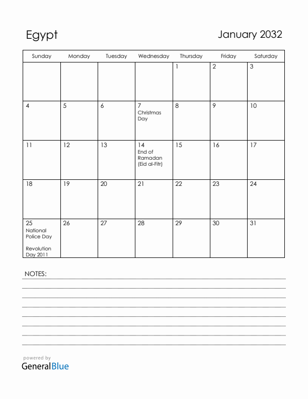 January 2032 Egypt Calendar with Holidays (Sunday Start)