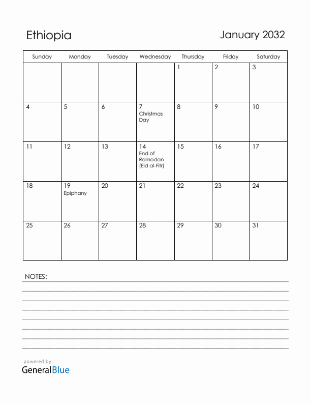 January 2032 Ethiopia Calendar with Holidays (Sunday Start)