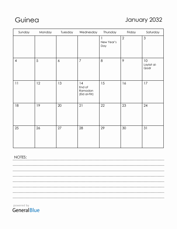 January 2032 Guinea Calendar with Holidays (Sunday Start)