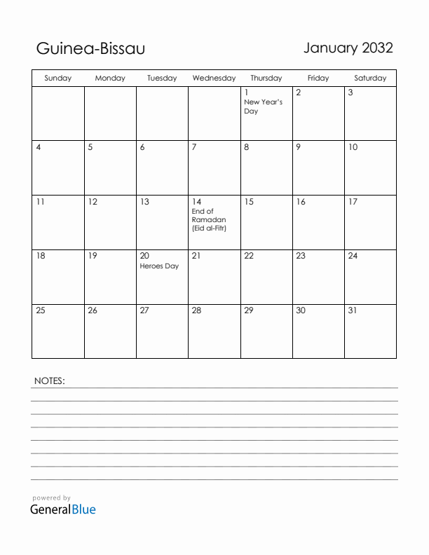 January 2032 Guinea-Bissau Calendar with Holidays (Sunday Start)