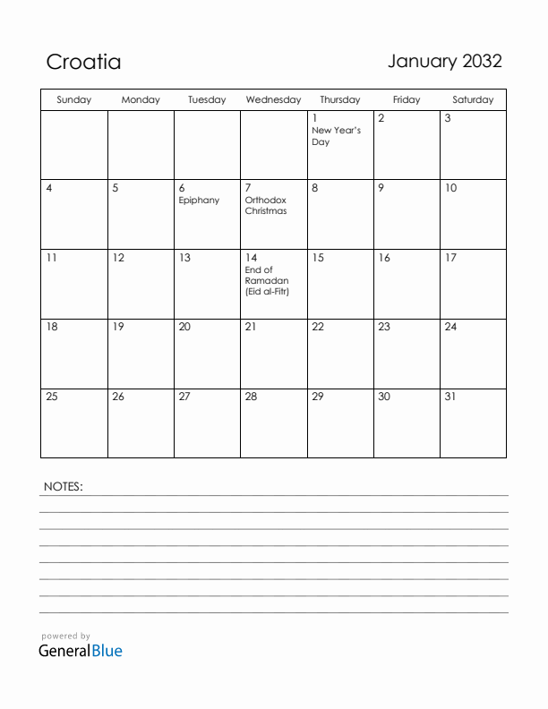 January 2032 Croatia Calendar with Holidays (Sunday Start)