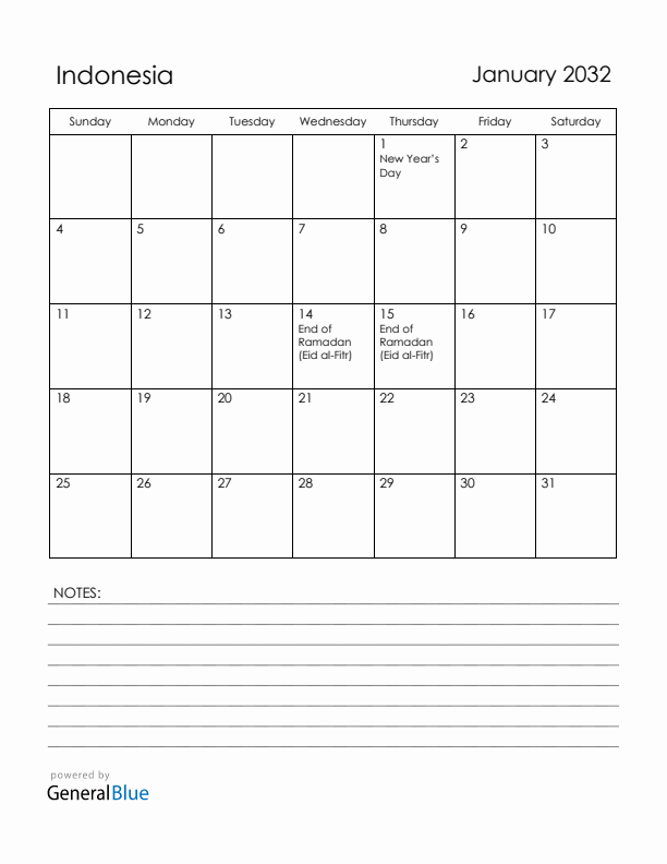 January 2032 Indonesia Calendar with Holidays (Sunday Start)