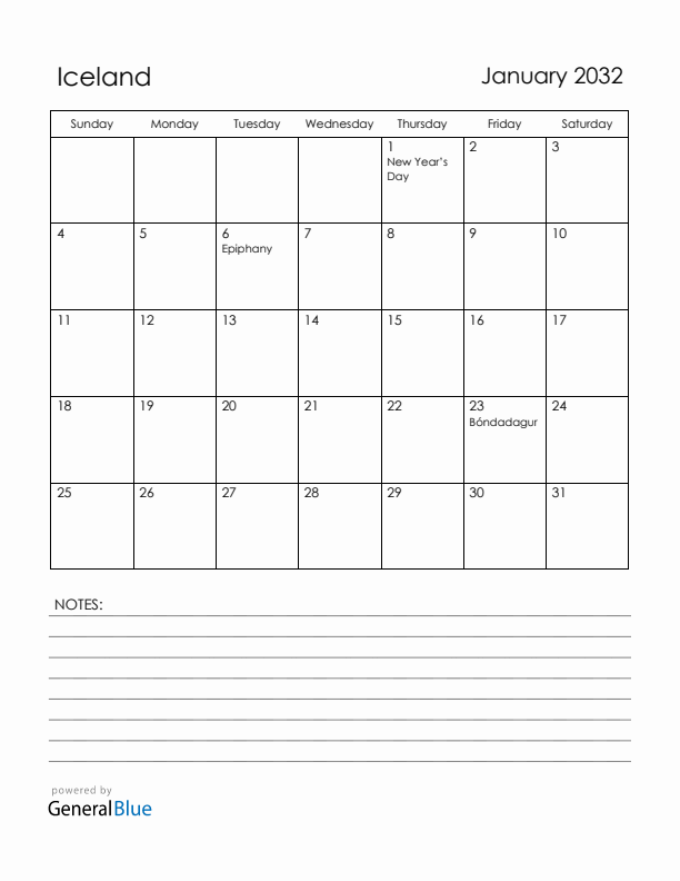 January 2032 Iceland Calendar with Holidays (Sunday Start)