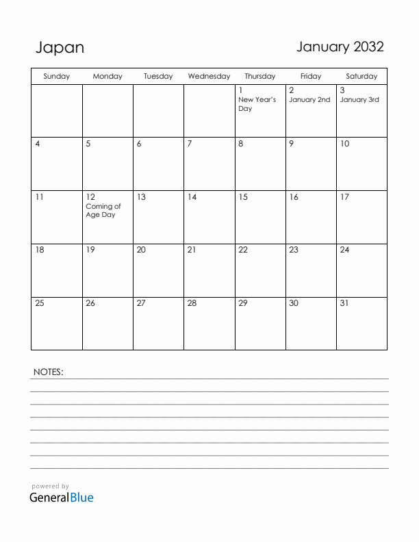 January 2032 Japan Calendar with Holidays (Sunday Start)